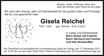 Traueranzeige von Gisela Reichel von Gesamtausgabe Nürnberger Nachrichten/ Nürnberger Ztg.
