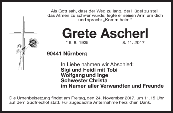 Traueranzeige von Grete Ascherl von Gesamtausgabe Nürnberger Nachrichten/ Nürnberger Ztg.