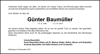 Traueranzeige von Günter Baumüller von Gesamtausgabe Nürnberger Nachrichten/ Nürnberger Ztg.