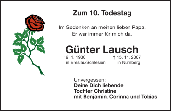 Traueranzeige von Günter Lausch von Erlanger Nachrichten Lokal
