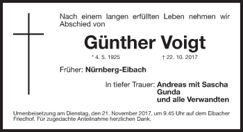 Traueranzeige von Günther Voigt von Gesamtausgabe Nürnberger Nachrichten/ Nürnberger Ztg.