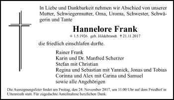 Traueranzeige von Hannelore Frank von Erlanger Nachrichten Lokal