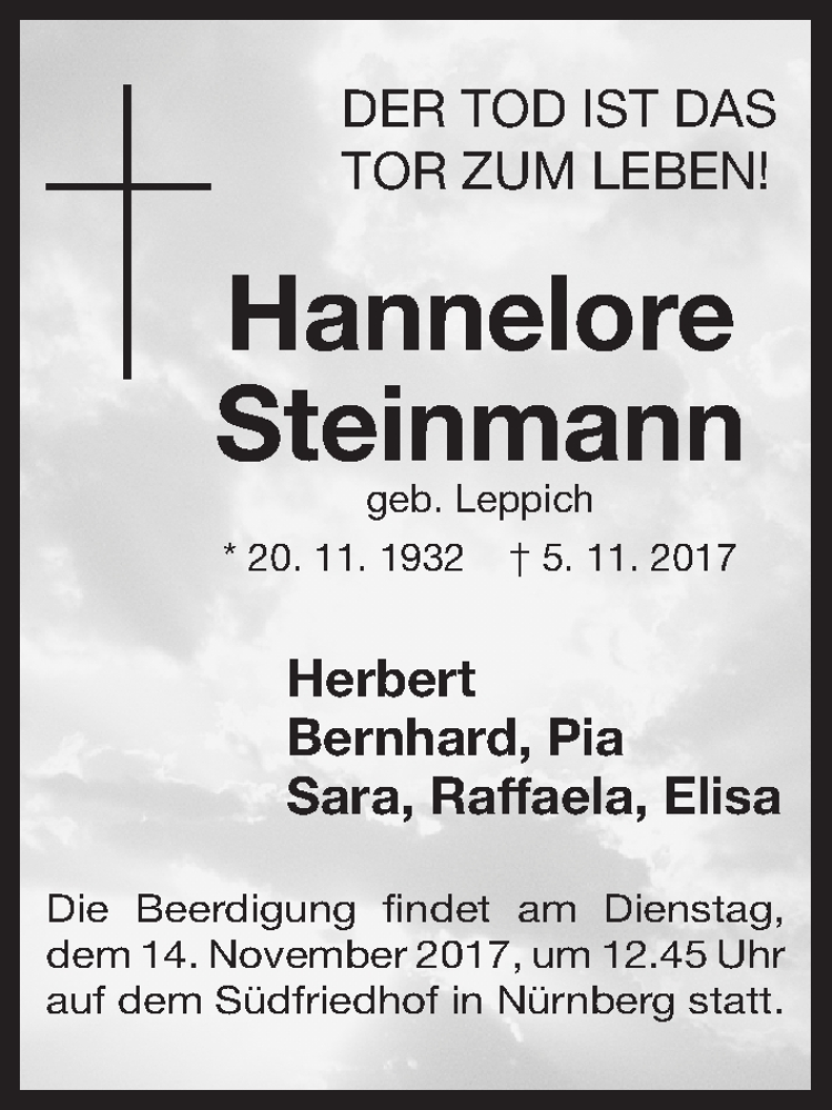  Traueranzeige für Hannelore Steinmann vom 11.11.2017 aus Gesamtausgabe Nürnberger Nachrichten/ Nürnberger Ztg.
