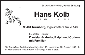 Traueranzeige von Hans Kolb von Gesamtausgabe Nürnberger Nachrichten/ Nürnberger Ztg.