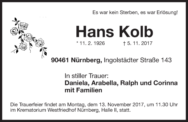  Traueranzeige für Hans Kolb vom 08.11.2017 aus Gesamtausgabe Nürnberger Nachrichten/ Nürnberger Ztg.