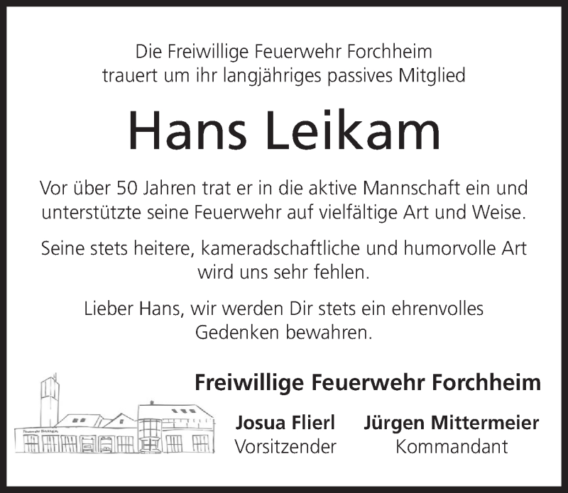  Traueranzeige für Hans Leikam vom 08.11.2017 aus Nordbayerische Nachrichten Forchheim Lokal