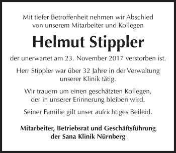 Traueranzeige von Helmut Stippler von Gesamtausgabe Nürnberger Nachrichten/ Nürnberger Ztg.
