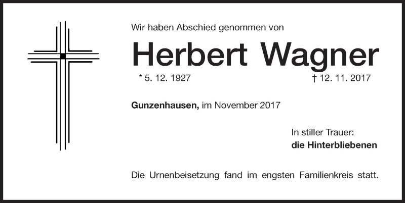  Traueranzeige für Herbert Wagner vom 28.11.2017 aus Altmühl-Bote Lokal