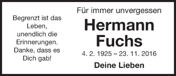 Traueranzeige von Hermann Fuchs von Gesamtausgabe Nürnberger Nachrichten/ Nürnberger Ztg.