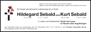 Traueranzeige von Hildegard Sebald von Gesamtausgabe Nürnberger Nachrichten/ Nürnberger Ztg.