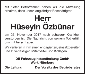 Traueranzeige von Hüseyin Özbünar von Gesamtausgabe Nürnberger Nachrichten/ Nürnberger Ztg.