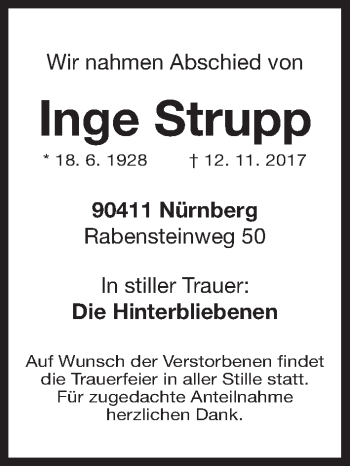 Traueranzeige von Inge Strupp von Gesamtausgabe Nürnberger Nachrichten/ Nürnberger Ztg.