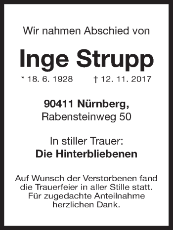 Traueranzeige von Inge Strupp von Gesamtausgabe Nürnberger Nachrichten/ Nürnberger Ztg.