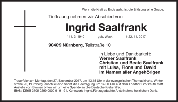 Traueranzeige von Ingrid Saalfrank von Gesamtausgabe Nürnberger Nachrichten/ Nürnberger Ztg.