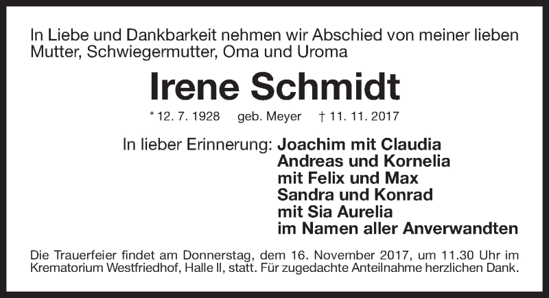  Traueranzeige für Irene Schmidt vom 13.11.2017 aus Gesamtausgabe Nürnberger Nachrichten/ Nürnberger Ztg.