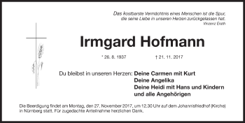 Traueranzeige von Irmgard Hofmann von Gesamtausgabe Nürnberger Nachrichten/ Nürnberger Ztg.