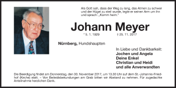 Traueranzeige von Johann Meyer von Gesamtausgabe Nürnberger Nachrichten/ Nürnberger Ztg.