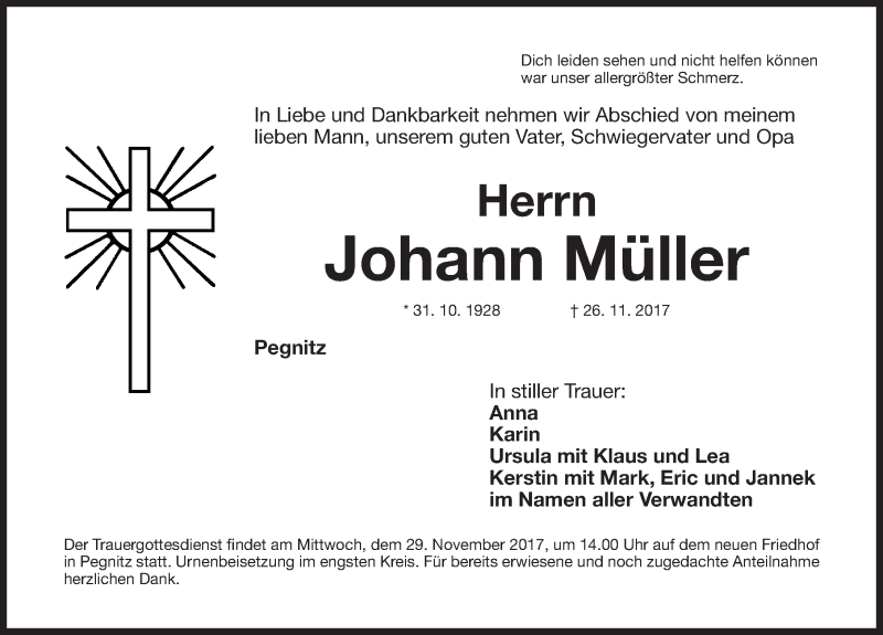  Traueranzeige für Johann Müller vom 28.11.2017 aus Nordbayerische Nachrichten Pegnitz Lokal