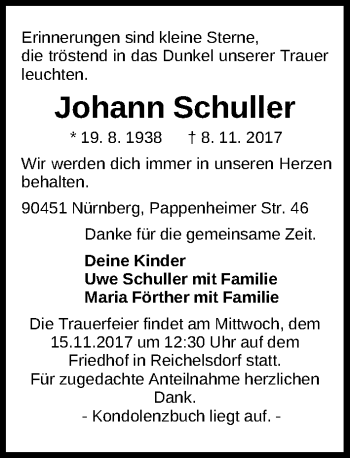 Traueranzeige von Johann Schuller von Gesamtausgabe Nürnberger Nachrichten/ Nürnberger Ztg.