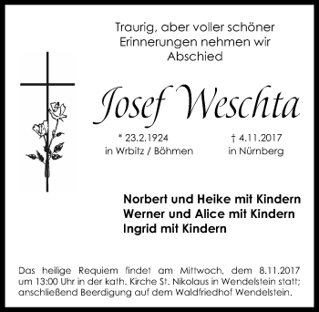 Traueranzeige von Josef Weschta von Schwabach