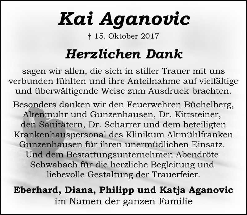  Traueranzeige für Kai Aganovic vom 11.11.2017 aus Altmühl-Bote Lokal