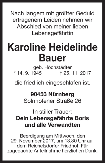 Traueranzeige von Karoline Heidelinde Bauer  von Gesamtausgabe Nürnberger Nachrichten/ Nürnberger Ztg.
