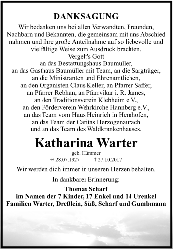 Traueranzeige von Katharina Warter von Nordbayerische Nachrichten Herzogenaurach Lokal