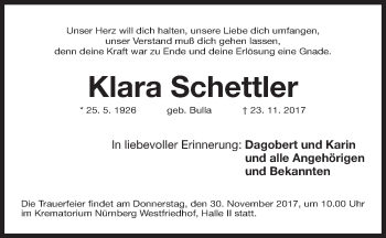 Traueranzeige von Klara Schettler von Gesamtausgabe Nürnberger Nachrichten/ Nürnberger Ztg.