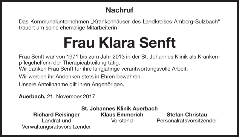  Traueranzeige für Klara Senft vom 23.11.2017 aus Nordbayerische Nachrichten Pegnitz Lokal