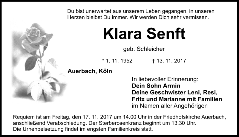  Traueranzeige für Klara Senft vom 16.11.2017 aus Nordbayerische Nachrichten Pegnitz Lokal