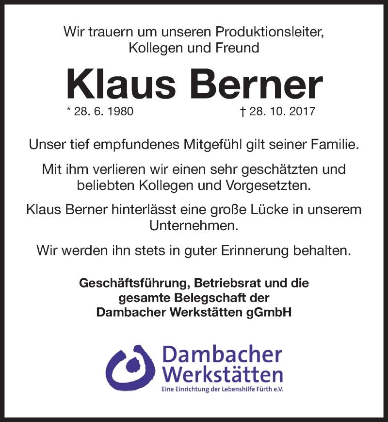  Traueranzeige für Klaus Berner vom 04.11.2017 aus Fürther Nachrichten Lokal
