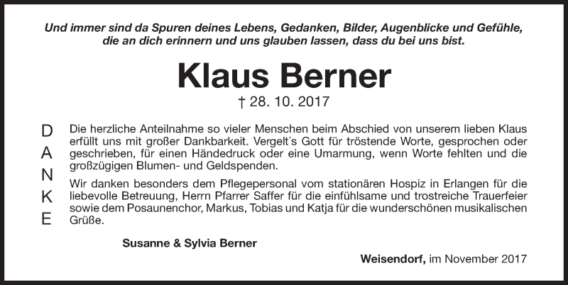  Traueranzeige für Klaus Berner vom 11.11.2017 aus Nordbayerische Nachrichten Herzogenaurach Lokal