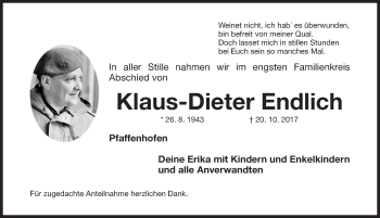 Traueranzeige von Klaus-Dieter Endlich von Roth-Hilpoltsteiner Volkszeitung Lokal