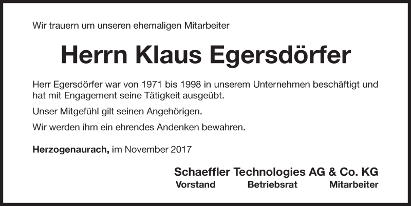  Traueranzeige für Klaus Egersdörfer vom 07.11.2017 aus Nordbayerische Nachrichten Herzogenaurach Lokal