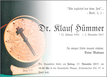 Traueranzeige von Klaus Hümmer von Fürther Nachrichten Lokal