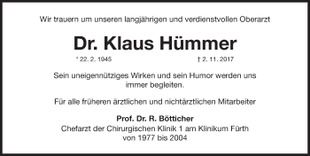 Traueranzeige von Klaus Hümmer von Fürther Nachrichten Lokal