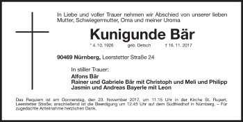 Traueranzeige von Kunigunde Bär von Gesamtausgabe Nürnberger Nachrichten/ Nürnberger Ztg.