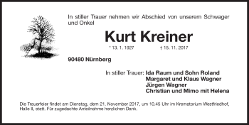 Traueranzeige von Kurt Kreiner von Gesamtausgabe Nürnberger Nachrichten/ Nürnberger Ztg.