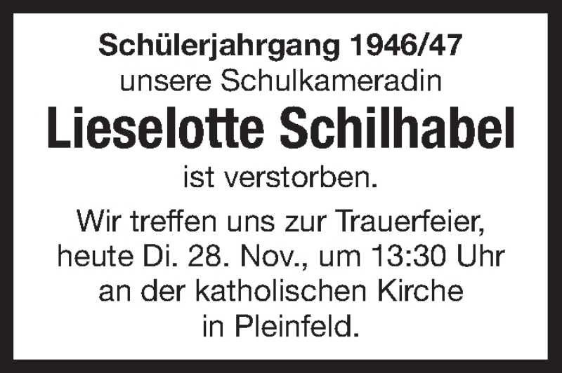  Traueranzeige für Lieselotte Schilhabel vom 28.11.2017 aus Roth-Hilpoltsteiner Volkszeitung Lokal