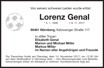 Traueranzeige von Lorenz Genal von Gesamtausgabe Nürnberger Nachrichten/ Nürnberger Ztg.