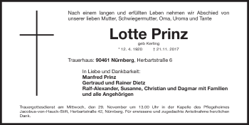 Traueranzeige von Lotte Prinz von Gesamtausgabe Nürnberger Nachrichten/ Nürnberger Ztg.
