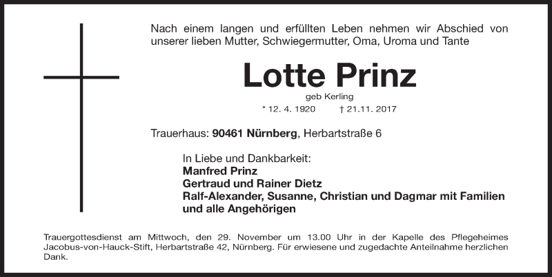  Traueranzeige für Lotte Prinz vom 25.11.2017 aus Gesamtausgabe Nürnberger Nachrichten/ Nürnberger Ztg.