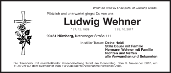 Traueranzeige von Ludwig Wehner von Gesamtausgabe Nürnberger Nachrichten/ Nürnberger Ztg.