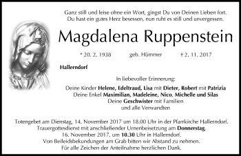 Traueranzeige von Magdalena Ruppenstein von Nordbayerische Nachrichten Forchheim Lokal