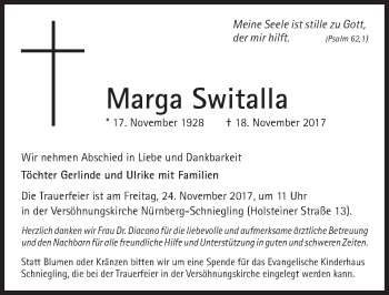Traueranzeige von Marga Switalla von Gesamtausgabe Nürnberger Nachrichten/ Nürnberger Ztg.