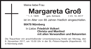 Traueranzeige von Margareta Groß von Gesamtausgabe Nürnberger Nachrichten/ Nürnberger Ztg.