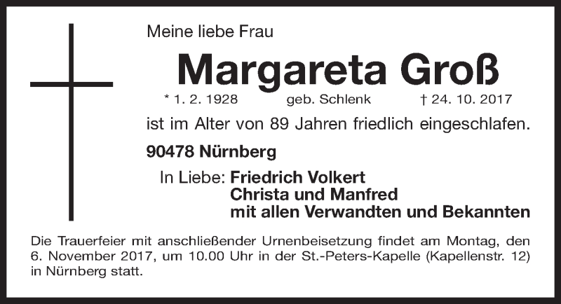 Traueranzeige für Margareta Groß vom 02.11.2017 aus Gesamtausgabe Nürnberger Nachrichten/ Nürnberger Ztg.