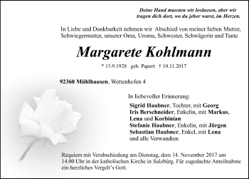 Traueranzeige von Margarete Kohlmann von Neumarkter Nachrichten Lokal