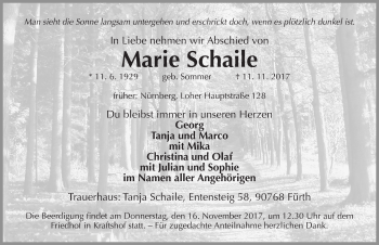 Traueranzeige von Marie Schaile von Gesamtausgabe Nürnberger Nachrichten/ Nürnberger Ztg.