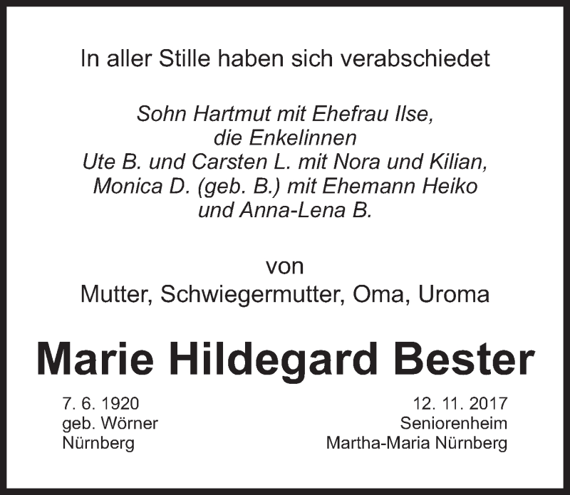  Traueranzeige für Marie Hildegard Bester vom 18.11.2017 aus Gesamtausgabe Nürnberger Nachrichten/ Nürnberger Ztg.